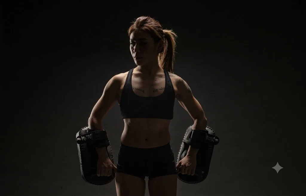 Vanessa Lee in dramatic low light holding Thai pads